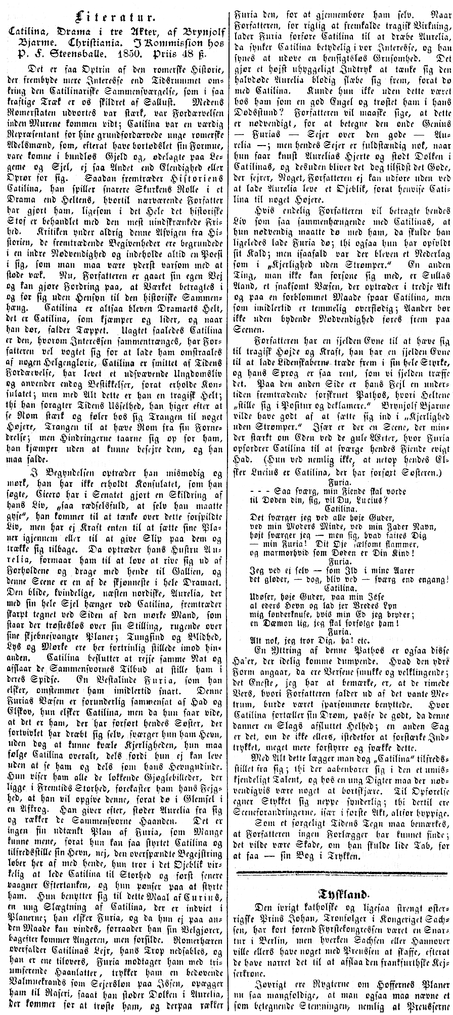 Henrik Ibsen: Catilina. Anmeldelse i Christiania-Posten, 16. mai 1850
