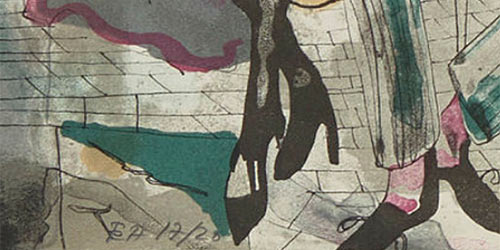 E.A. (epreuve d’artiste), kunstnerens trykk. Håkon Blekens litografi Ewiges Andenken fra Hedda Gabler-mappen (1987).