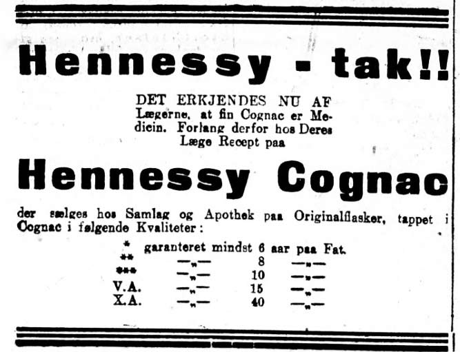 Hennessy Cognac. Aftenposten, 1919